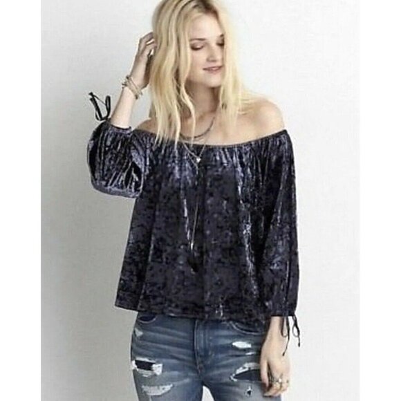 American Eagle Outfitters Blouse Women Small Velour Velvet Blue Peasant Boho Top - Picture 16 of 16